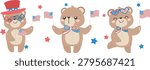 Set of cute kawaii teddy bears celebrating 4th of July holding American flag, wearing heart-shaped star-spangled glasses with Uncle Sam hat, and dressed in patriotic bow tie. Red, white, and blue stars scattered throughout. Isolated elements on white background, perfect for Independence Day greeting card, banner, sticker, and party decoration. Flat design vector illustration.