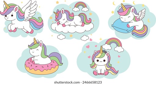 Conjunto de un lindo unicornio kawaii. Vector ilustración caricatura personaje en estilo dibujado a mano