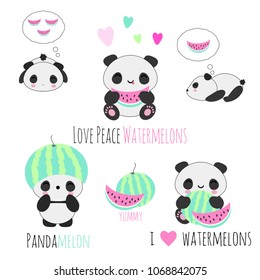 Set of cute kawaii vector panda bears eating watermelon ^^ summer sdition for stickers, patches, banners, etc.