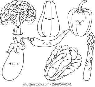 Set of Cute Kawaii Vegetable Asparagus, Romaine Lettuce, Bell Pepper, Chilli, Broccoli, Chayote, Eggplant, Cartoon Character Isolated Vector Illustration Coloring Page Hand Drawn for Kids