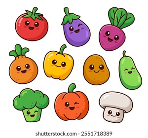 Conjunto de lindos personajes vegetales kawaii, Ilustraciones vectoriales de dibujos animados.