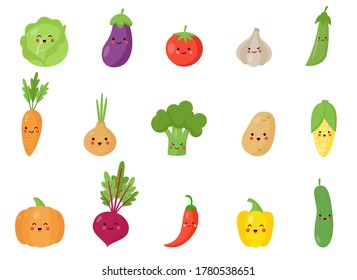 Conjunto de lindas verduras kawaii con caras graciosas. Ilustración vectorial de las verduras alimenticias saludables en el fondo blanco.