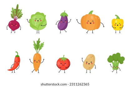 Conjunto de lindas verduras kawaii con caras graciosas. Ilustración vectorial de las verduras alimenticias saludables en el fondo blanco.