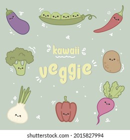 Set Cute Kawaii Veggie. Vector Illustration