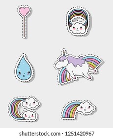 set cute kawaii water drop with unicorn and rainbows