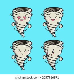 Set Cute kawaii Whirlwind tornado icon. whirlwind tornado vector icon on blue background cartoon icon illustration design isolated flat cartoon style