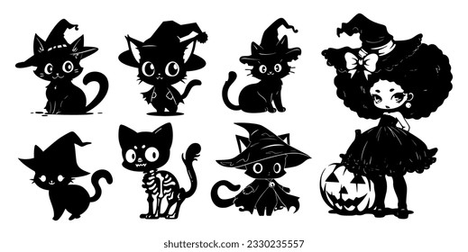 set of cute kawaii witch and black cats in witch hat. Black magic kitty silhouette. Anime cartoon style. Halloween funny character. Vector flat illustration isolated on white background.