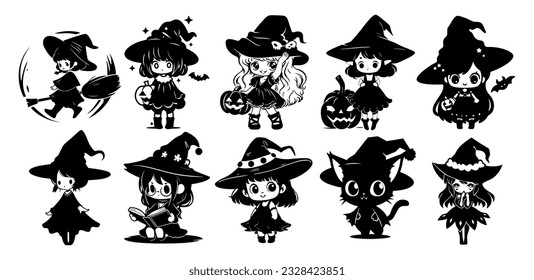 Set of cute kawaii witches with pumpkin. Black little witch silhouette. Anime spooky cartoon style. Halloween trick or treat funny characters. Vector flat illustration isolated on white background.