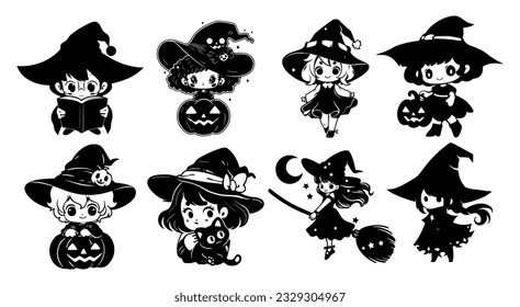 Set of cute kawaii witches with pumpkin. Black little witch silhouette. Anime spooky cartoon style. Halloween trick or treat funny characters. Vector flat illustration isolated on white background.