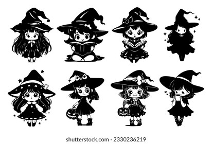 Set of cute kawaii witches with pumpkin, book, coffee. Black little witch silhouette. Anime cartoon style. Halloween funny characters. Vector flat illustration isolated on white background.