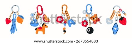 Set of cute keychains. Carabiners decorated with various accessories, hanging charms and trinkets. Holder with toys and items. Flat vector illustration collection isolated on background