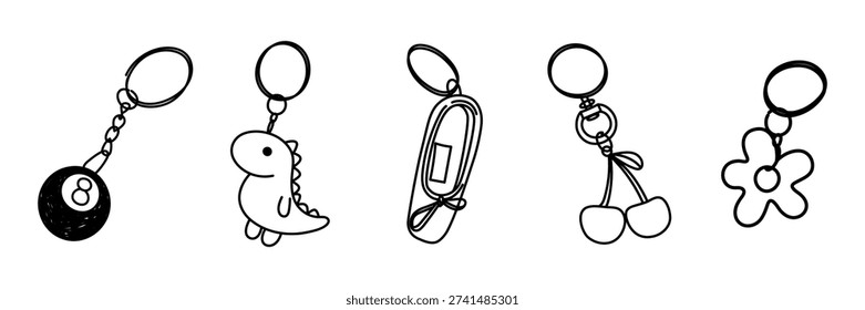 Set of cute keychains with charms including dinosaur, cherry, flower and 8 ball billiard