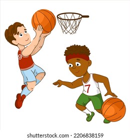 El chico de Cute juega al fútbol como delantero, arquero. Los niños están jugando baloncesto. Caracteres baloncesto con diferente color de piel. Ilustración del vector aislada en fondo blanco