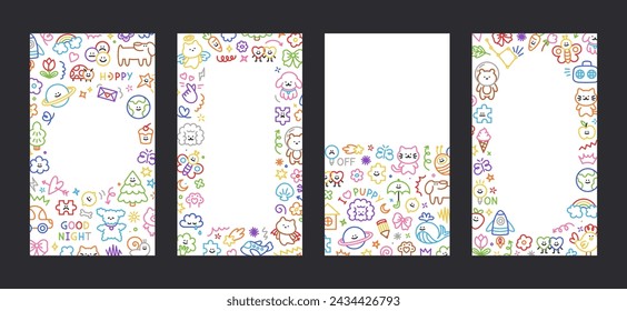 Set of cute kid colorful doodle story template. Childish scribble icons signs. Social media stories with dog, cat, tree, star, sun, cloud, star, arrow, animal, fruit, heart, smile elements vector set