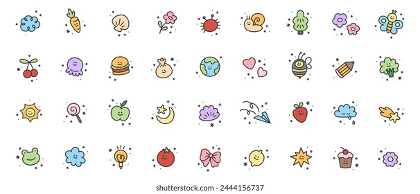 Set of cute kid icons. Childish scribble collection of sun, cloud, fruit, planet, sweet, tree, flower, burger, apple, lemon, seashell, candy, cherry, cake, bee, snail, frog, bow, heart, pencil.