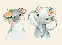 Set Of Cute Kids Animals, Watercolor Hippo And Elephant