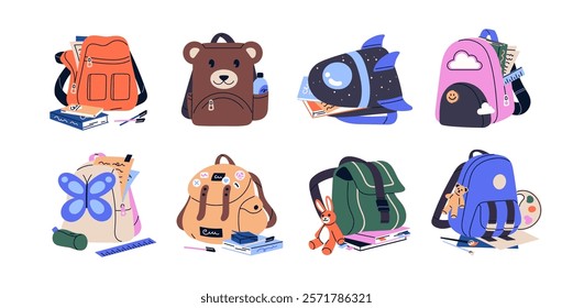 Set of cute kids backpacks. Pupils' schoolbags, children's rucksacks, knapsacks. Elementary students' school bags with books, stationeries. Flat isolated vector illustrations on white background