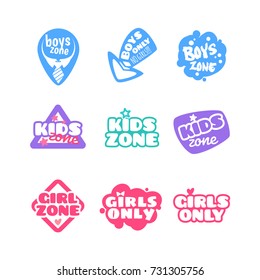 Set of cute kids badges "Kids Zone", "Girls Zone", and "Boys Zone". Labels isolated on a white background.