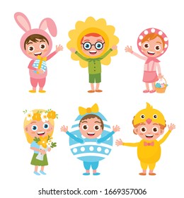 Set of cute kids in a bright Easter costumes. Girls and boys character on a white background. Cute bunny, happy flower, funny egg, little chicken.