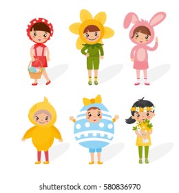 Set of cute kids in a bright Easter costumes. Girls and boys character on a white background. Cute bunny, happy flower, funny egg.