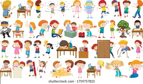 Set of cute kids cartoon character illustration