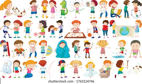 Set of cute kids cartoon character illustration