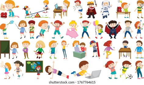 Set of cute kids cartoon character illustration