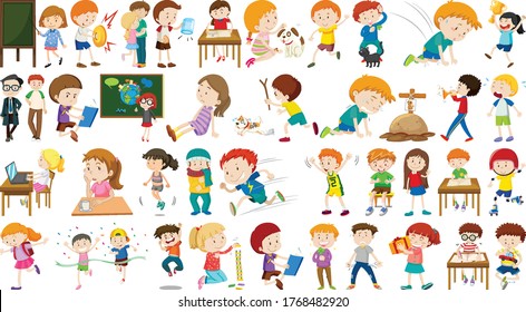 Set of cute kids cartoon character illustration