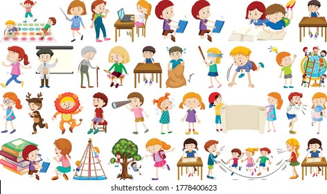 Set of cute kids cartoon character illustration