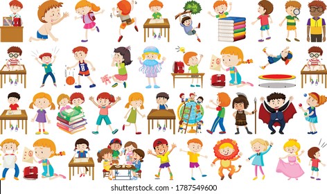 Set of cute kids cartoon character illustration