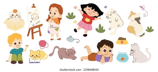 Set of cute kids and cats vector. Lovely cat and friendly kitten doodle pattern in different poses, toy with flat color. Adorable funny pet and characters hand drawn collection on white background.