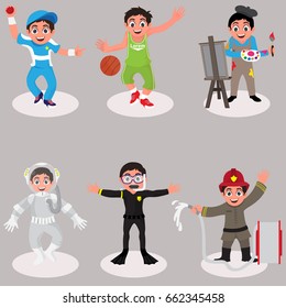 Set of cute kids characters, Cartoon illustration of little boys and girl dressed up like sports player, artist, astronaut, scuba diver and fire fighter.