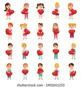 Set of cute kids characters with paper red hearts in hands. Cute little boys and girls holding red hearts. Little cartoon kids on Valentines Day. Vector Illustration