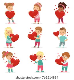 Set of cute kids characters with paper red hearts in hands. Cute cartoon illustration of boys and girls. Flat vector on white.