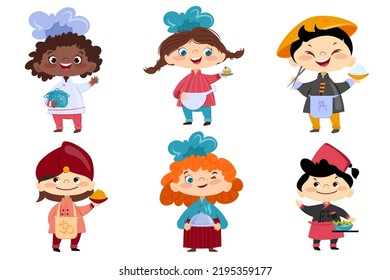 Set of cute kids chef making food. Cartoon vector little children characters in apron and hat cook meal. Funny child chefs cooking delicious dishes. Fun pupil boys and girls in kitchen uniform.