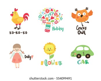 Set of cute kids, children icons and logos, childhood elements