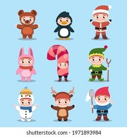 Set of cute kids with Christmas costume design illustration