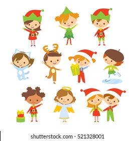 Set of cute kids in christmas costumes