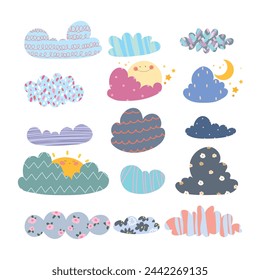 Set con nubes de niños lindos. Línea , puntos, manchas, sol y luna sobre fondo blanco. Ilustración vectorial.	
