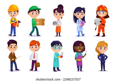 Set of cute kids in different occupation costumes isolated on white background. Boy and girl characters in different job outfits: chef, doctor, teacher, officer, etc. Cartoon style vector illustration