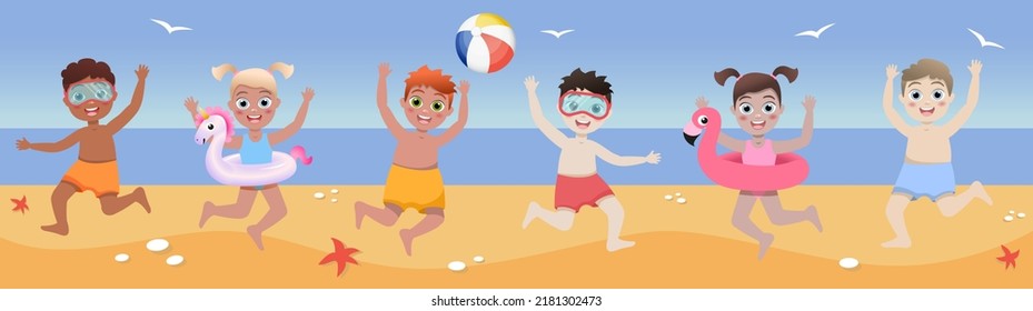 Set of cute kids different skin color spending holidays in the seaside. Colorful summer illustrations.Children in swimsuits with swimming circles jumping into water. Happy vacation.Child. Beach banner