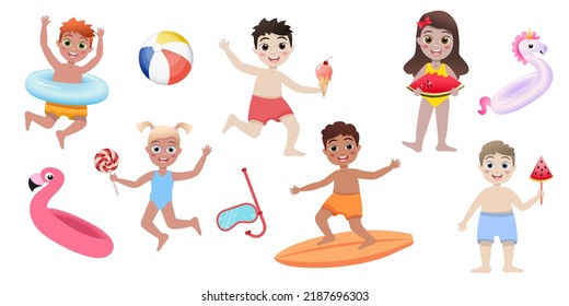 Set of cute kids different skin color spending holidays in the seaside. Child in cartoon style. Colorful summer illustrations.Children in swimsuits with swimming circles. Happy vacation. banner