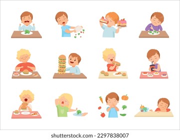 Un grupo de niños lindos no les gustan las verduras y disfrutan comiendo comida rápida de dibujos animados vector Ilustración