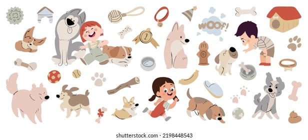 Set of cute kids and dog vector. Lovely dog and friendly puppy doodle pattern in poses, breeds, toy, bone with flat color. Adorable funny pet and characters hand drawn collection on white background.