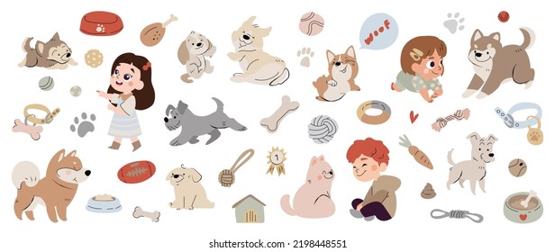 Set of cute kids and dog vector. Lovely dog and friendly puppy doodle pattern in poses, breeds, toy, bone with flat color. Adorable funny pet and characters hand drawn collection on white background.