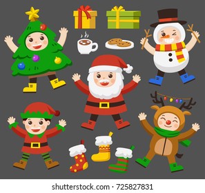 Set of cute kids dressed in Christmas costumes. Deer, Santa, Elf ,Tree and snowman. Merry Christmas character set.