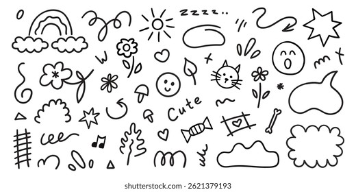 Set of cute kids elements. Hand drawn collection of scribble doodle icon. Vector line illustration