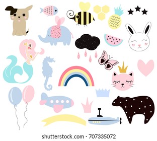 Set of cute kids elements for your design. Vector collection hand drawn illustrations.
