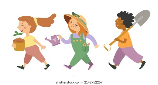 Set of cute kids going to plant flowers in the garden. Cartoon girls and boy wearing gardening outfits, children carrying seedling and holding tools, shovel, watering can.  Flat vector illustration. 