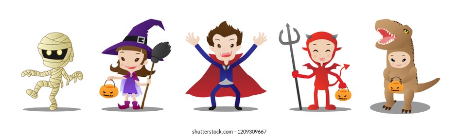 Set of cute kids in Halloween costume, Trick or treat, Cartoon vector illustration